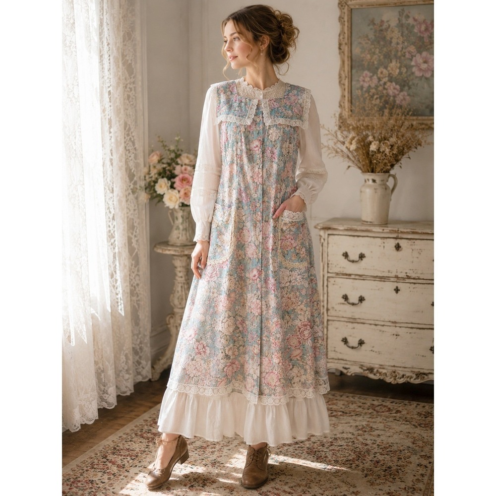 Willow Creek Vintage 2 Pc Prairie Dress Set M Blue Pink Floral Lace Cottagecore